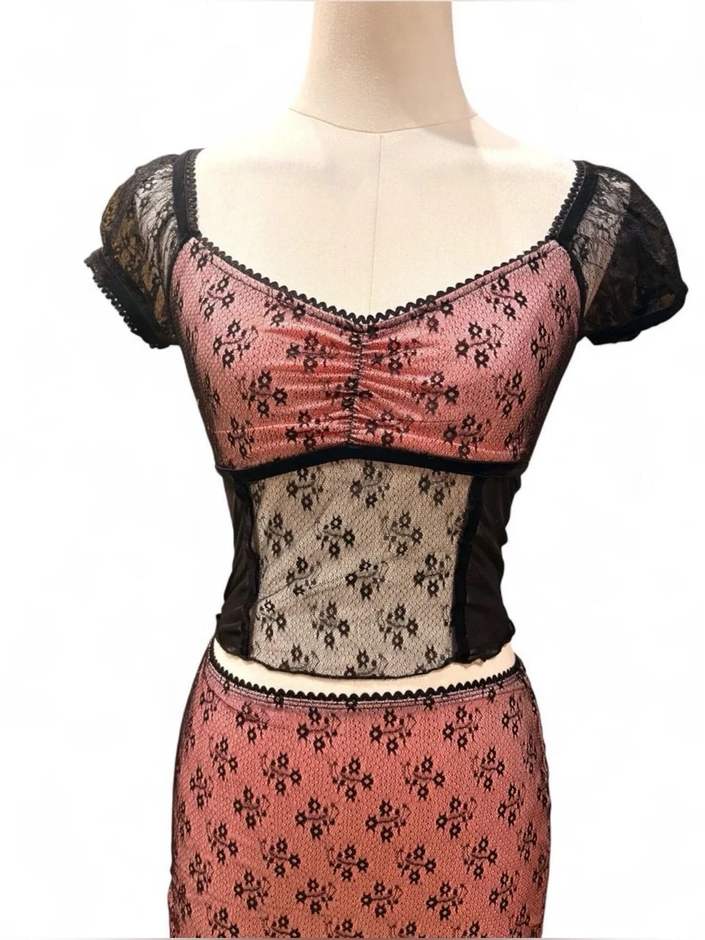 Delia's By Dolls Kill Foreign Affair Floral Lace Overlay Midi Skirt Set Pink XXS